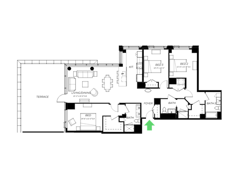 Floor plan for 3 beds, 3 baths, 1784 sqft